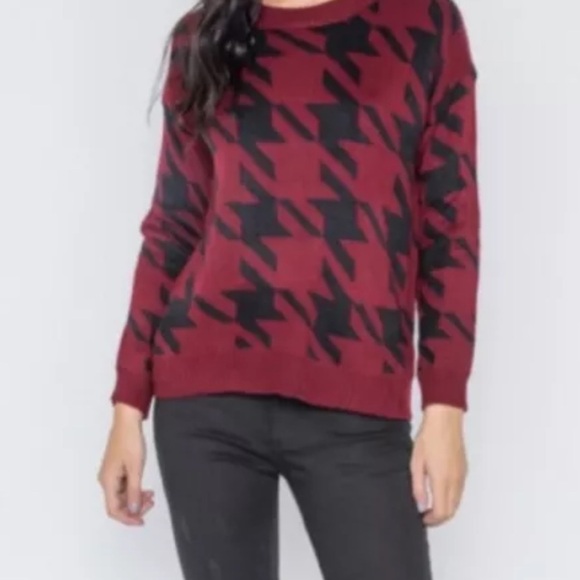 Burgundydy Plaid Geo Print Crew Neck Dweater - Picture 3 of 6